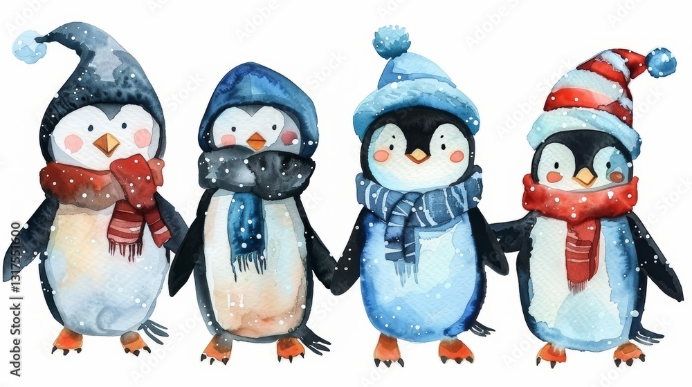 Fototapeta premium Watercolor Illustration of Four Penguins in Winter Attire