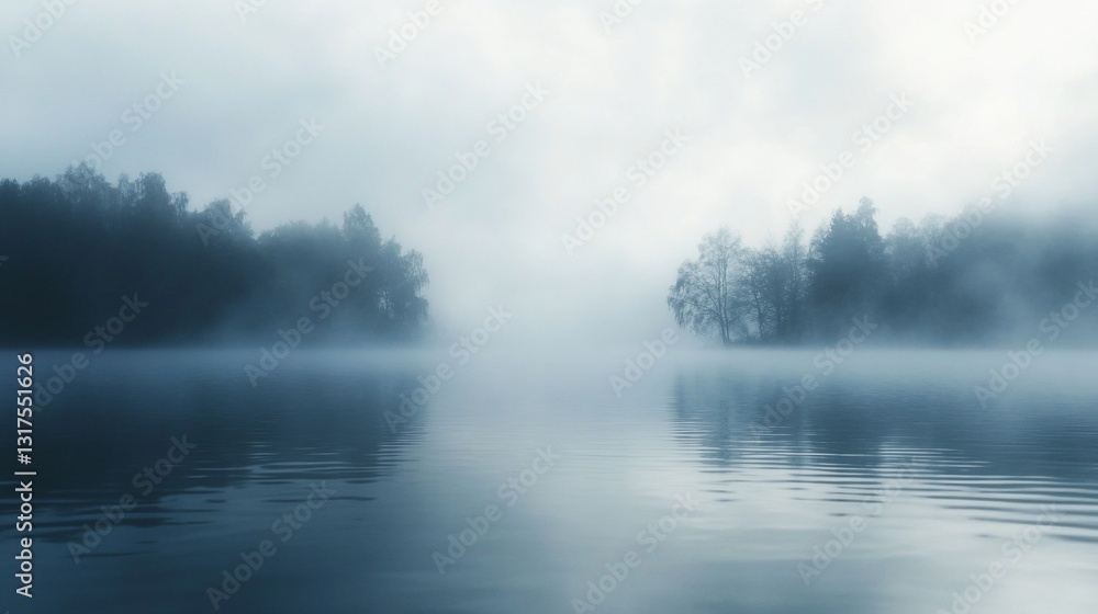 Fototapeta premium Misty Morning Lake Enveloped in Fog: Serene Water Reflections of Trees