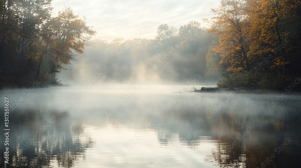 Misty Morning Serenity: Autumnal Lake Reflection in Foggy Forest