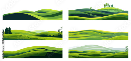 Vector green hills landscapes, picturesque scenery, rolling hills, nature view, tranquil hills, countryside, peaceful landscape, vibrant greenery, nature panorama, serene hills view