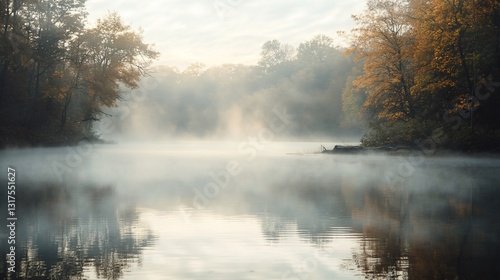 Obraz na płótnie Misty Morning Serenity: Autumnal Lake Reflection in Foggy Forest w salonie