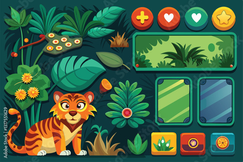 A vibrant collection of jungle panels with a playful tiger, buttons, and lush green foliage displayed, Set of jungle panels, Collection of buttons and graphic elements for website,
