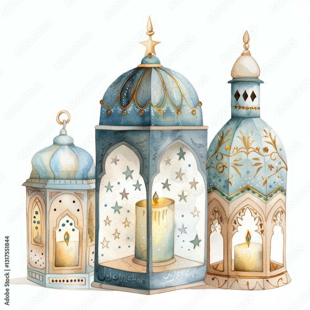 Obraz premium Watercolor Illustration of Three Lanterns with Islamic-Inspired Designs
