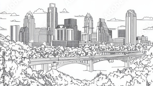 Austin Texas Skyline Coloring Page - A detailed line art coloring page depicting the Austin, Texas skyline, featuring iconic buildings, a bridge, and lush trees. Symbolizes urban landscape, nature