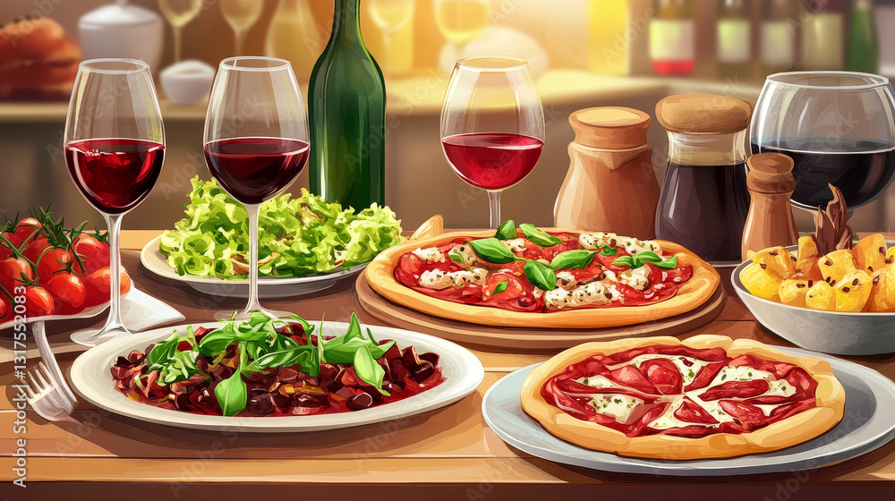 Dining tables in restaurant vector set lunch dinner date in cafe with glasses of wine Italian pizza Chinese food Oriental cuisine illustration isolated on white background Dining tables in restaurant vector set lunch dinner date in cafe with glasses of wine Italian pizza Chinese food Oriental cuisine illustration isolated on white background
