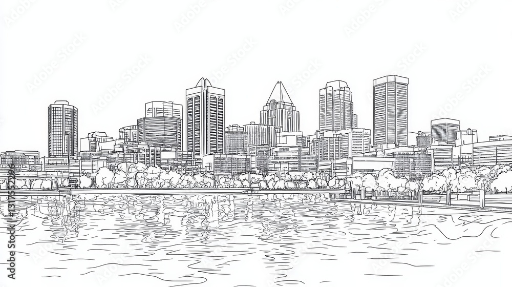 Fototapeta premium Baltimore Skyline Coloring Page - A detailed line art coloring page depicting the Baltimore skyline, featuring buildings, trees, and water. Symbolizes urban landscape, architectural design, city life