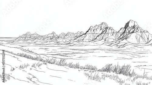 Badlands National Park Line Art Coloring Page - A scenic line art coloring page depicting the dramatic landscape of Badlands National Park. Symbolizing: rugged beauty, vastness, natural wonder