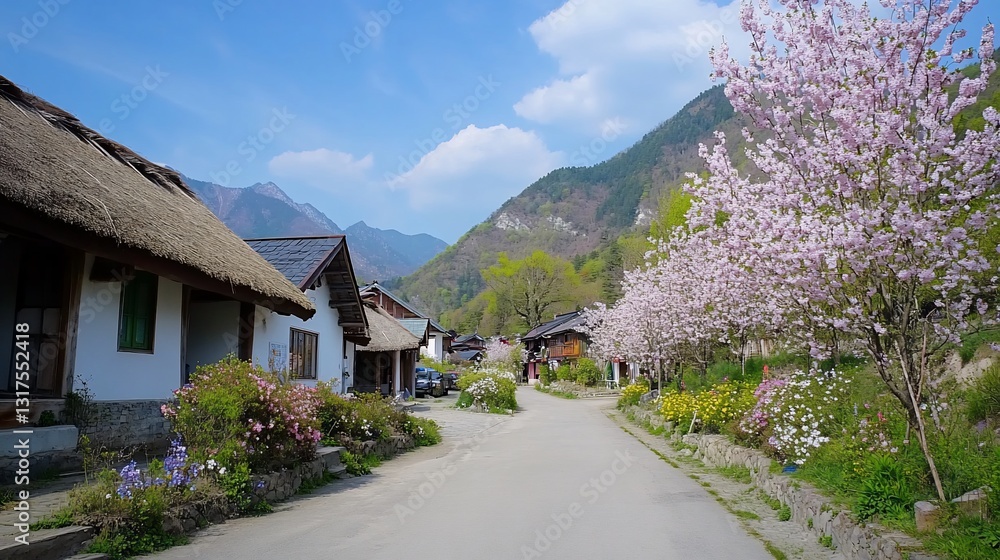 Spring Village Cherry Blossoms Travel Scene