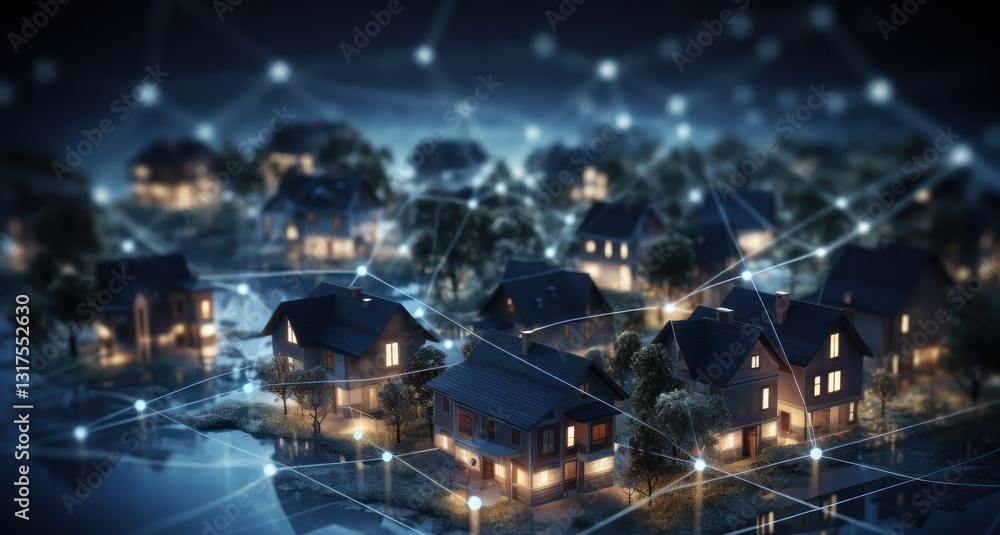Digital Community Concept with Smart Houses, Smart City and Wireless Communication Network, Real Estate and Urban Innovation Concept with City Lights. 3D Illustration of Future City. Digital Community Concept with Smart Houses, Smart City and Wireless Communication Network, Real Estate and Urban Innovation Concept with City Lights. 3D Illustration of Future City.