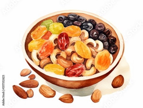 Watercolor Painting of a Bowl of Mixed Nuts and Dried Fruits