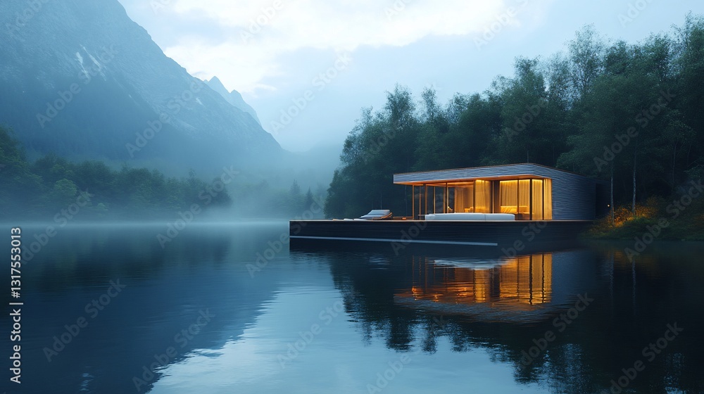 Serene Lakeside Cabin Retreat: Modern Architecture Nestled in Misty Mountain Scenery