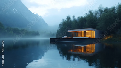 Obraz na płótnie Serene Lakeside Cabin Retreat: Modern Architecture Nestled in Misty Mountain Scenery w salonie