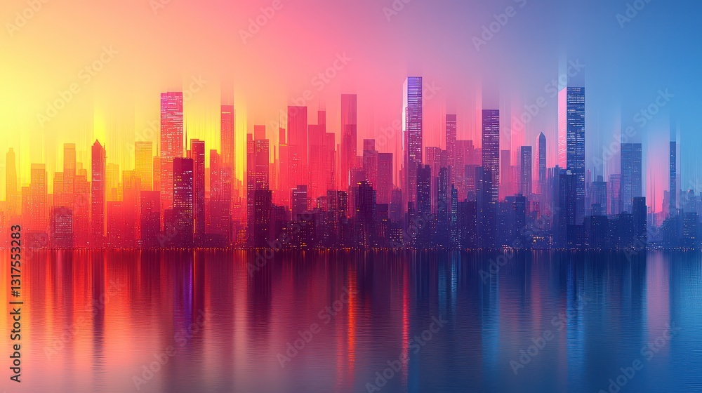A colorful abstract cityscape reflected peacefully across water surfaces A colorful abstract cityscape reflected peacefully across water surfaces