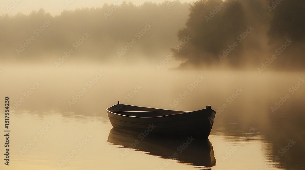 Serene Mist-Shrouded Lake with Solitary Rowboat at Dawn A Peaceful and Tranquil Landscape Photography