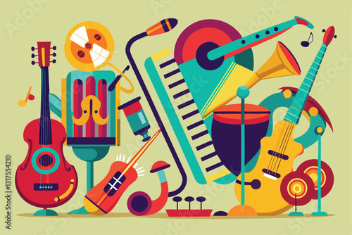 This vibrant assortment of musical instruments encourages artistic creativity and joyous melodies, Set of musical instruments,