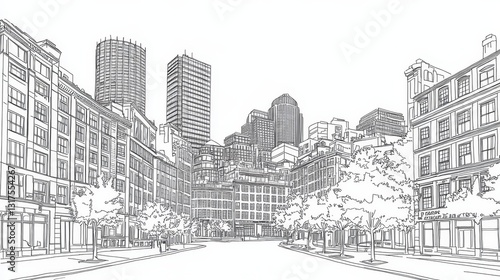 Boston Cityscape Line Art Coloring Page - A detailed line art coloring page depicting a Boston street scene. Features iconic buildings, trees, and a city street. Symbolizes urban life, architecture