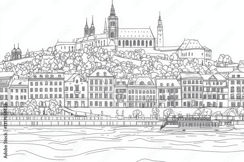 Obraz premium Bratislava Castle Line Art Coloring Page - A detailed line art coloring page depicting Bratislava Castle and the Danube River. Symbolizing history, architecture, travel, cityscapes