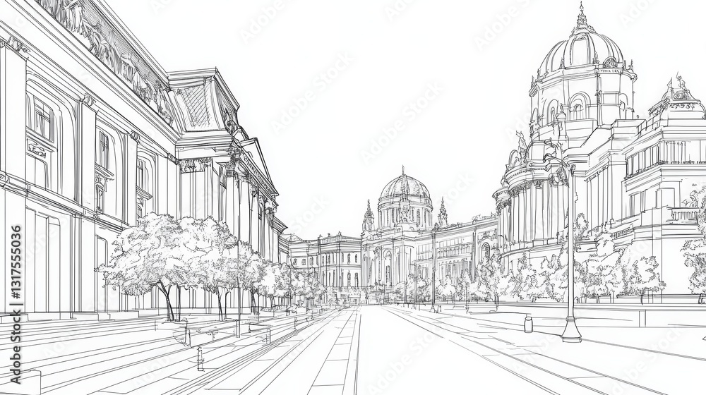 Fototapeta premium Bucharest Cityscape Line Art Coloring Page - A detailed line art coloring page depicting the architectural beauty of Bucharest, Romania. Illustrates buildings, streets, and trees, symbolizing history