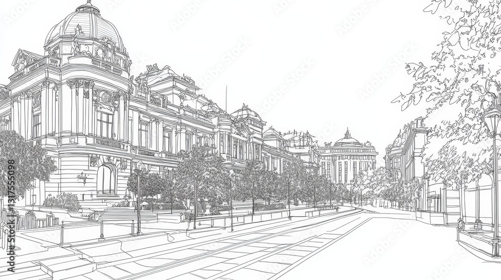Fototapeta premium Bucharest Street Scene Line Art Coloring Page - A detailed line art coloring page depicting a Bucharest street scene. Five concepts symbolized: architecture, city life, urban landscape, travel