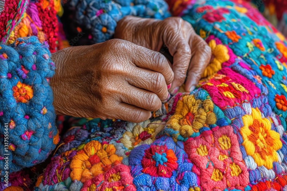 Close-up of Hands Skillfully Embroidering Vibrant Textile with Intricate Floral Patterns Close-up of Hands Skillfully Embroidering Vibrant Textile with Intricate Floral Patterns
