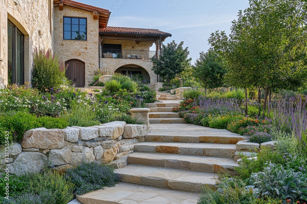 A view of steps leading to a house, beautifully adorned with various plants on either side, Combine architectural elements from diverse cultures to create a new hybrid style . A view of steps leading to a house, beautifully adorned with various plants on either side, Combine architectural elements from diverse cultures to create a new hybrid style .
