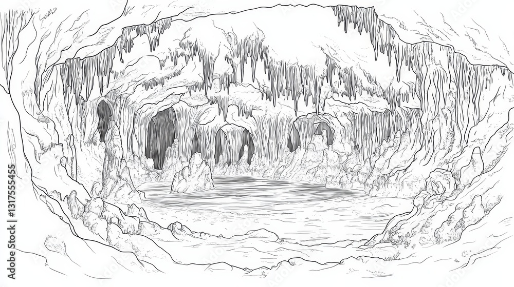 Obraz premium Carlsbad Caverns Line Art Coloring Page - Intricate line art coloring page depicting Carlsbad Caverns. Symbolizes nature, exploration, geology, wonder, and beauty