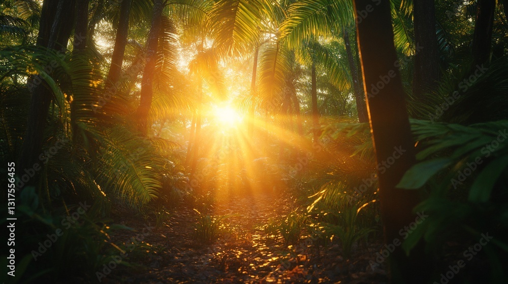 Golden Hour Rays Illuminating Lush Tropical Jungle Path at Sunrise