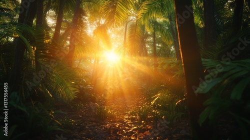 Obraz na płótnie Golden Hour Rays Illuminating Lush Tropical Jungle Path at Sunrise w salonie
