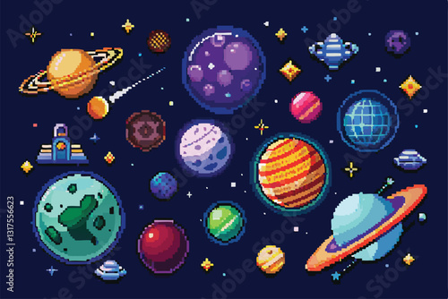 A vibrant collection of pixel representations of planets, stars, and other celestial objects in space, Set of pixel astronomical elements,