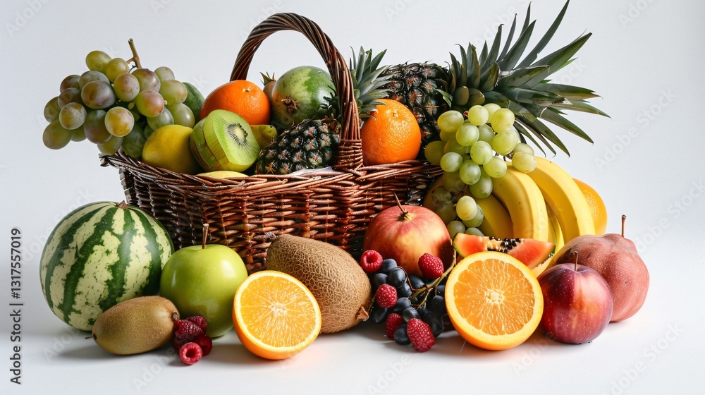 A basket of tropical fruits, including pineapples,grapes,apples, oranges, bananas, strawberries A basket of tropical fruits, including pineapples,grapes,apples, oranges, bananas, strawberries