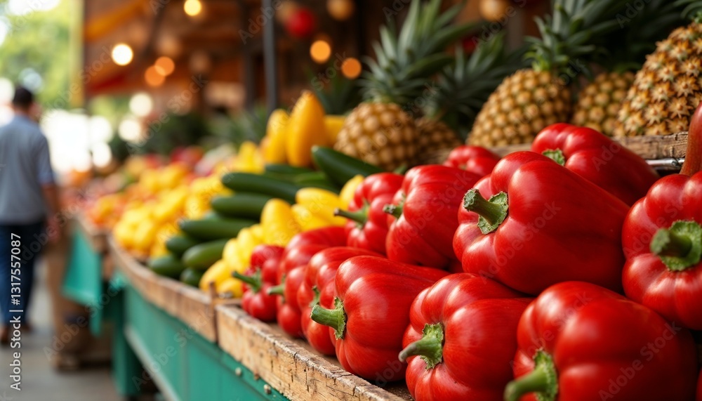Colorful display of fresh vegetables and fruits at a vibrant outdoor market. Colorful display of fresh vegetables and fruits at a vibrant outdoor market.