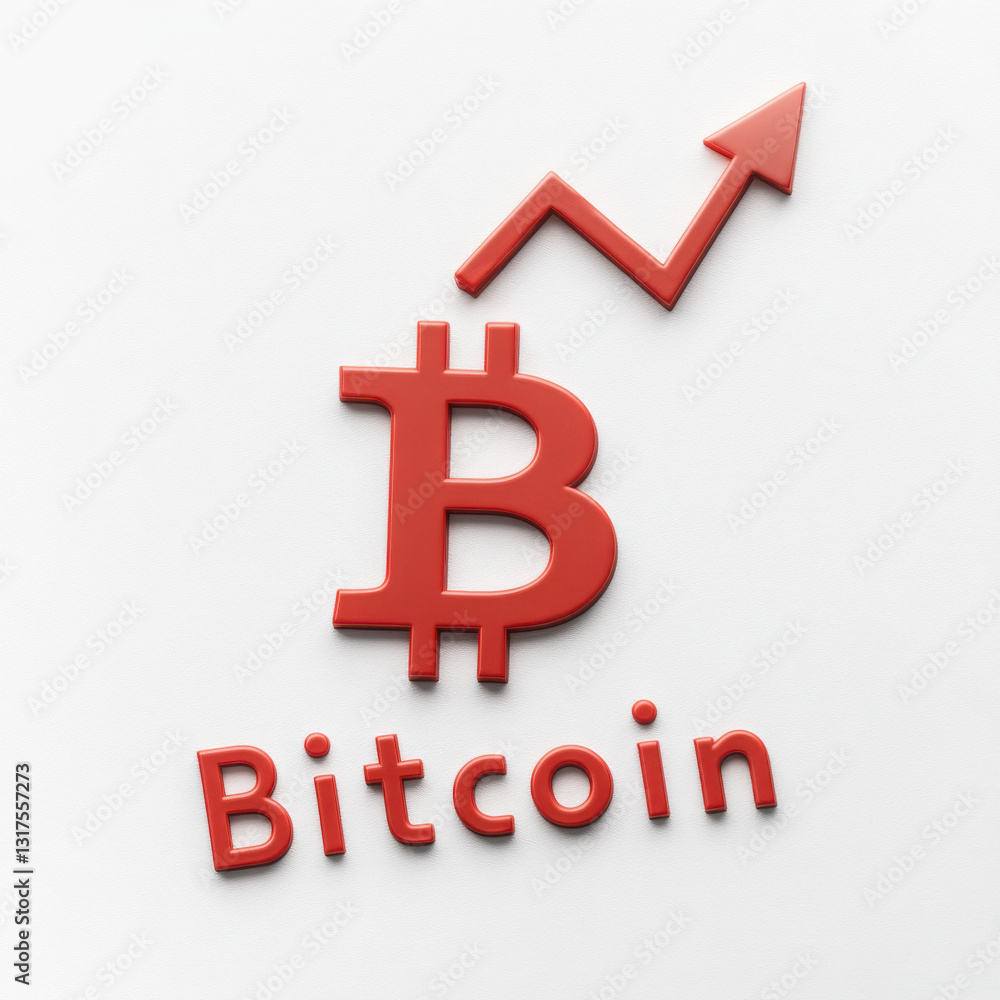 3D red Bitcoin symbol with an upward arrow, representing rising trends and growth in cryptocurrency market on white background. 3D red Bitcoin symbol with an upward arrow, representing rising trends and growth in cryptocurrency market on white background.