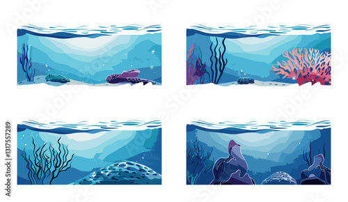 underwater seascapes, ocean view, serene marine landscape, tropical reef, coral fish, ocean creatures, aquatic world, clear water, peaceful underwater, deep sea exploration