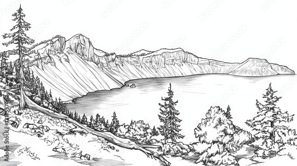 Fototapeta premium Crater Lake Line Art Coloring Page - A serene line art coloring page depicting Crater Lake, Oregon. Illustrates nature, tranquility, scenic beauty, relaxation, and artistic expression
