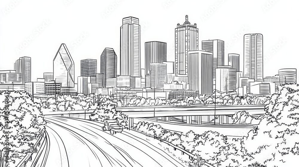 Obraz premium Dallas Skyline Coloring Page - A detailed line art coloring page featuring the Dallas, Texas skyline. Five key concepts are represented: urban architecture, cityscapes, transportation, nature
