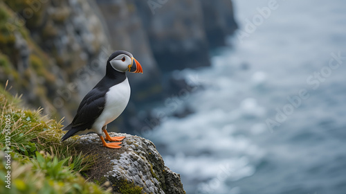 Atlantic puffin (Fratercula arctica) on the edge of a sea cliff on the Isle of Staffa near Mull
