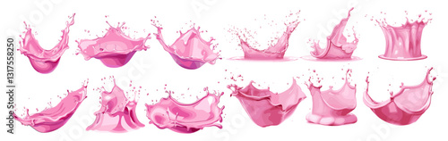 Pink liquid splashes, creamy smoothie, yogurt texture, milky splash, pink yogurt, cream texture, splash of liquid, milky pink splash, smoothie splash, creamy yogurt splash