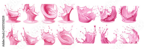 Set of pink milky liquid splashes, smoothie, yogurt, cream splashes, pink smoothie, creamy texture, liquid splash, milky splash, milkshake texture, pink cream, yogurt splash