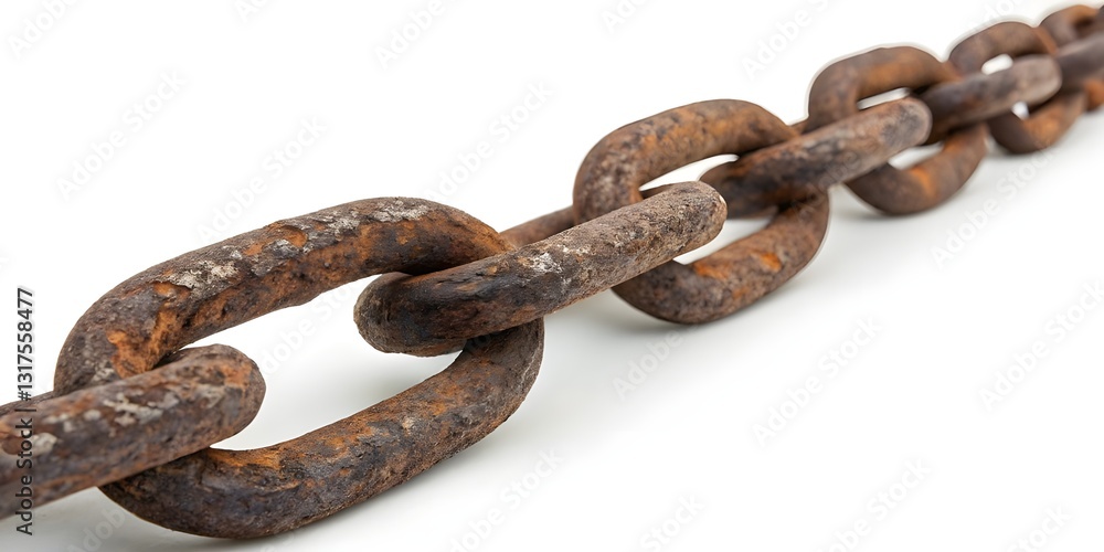 Obraz premium Rusty metal chain with weathered iron links on a white background