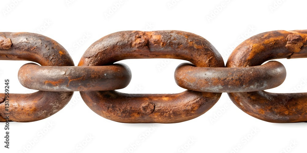 Fototapeta premium Rusty metal chain with weathered iron links on a white background