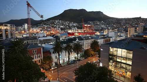 Cityscape at dusk, harbor, mountain backdrop, urban street scene, perfect for travel brochures