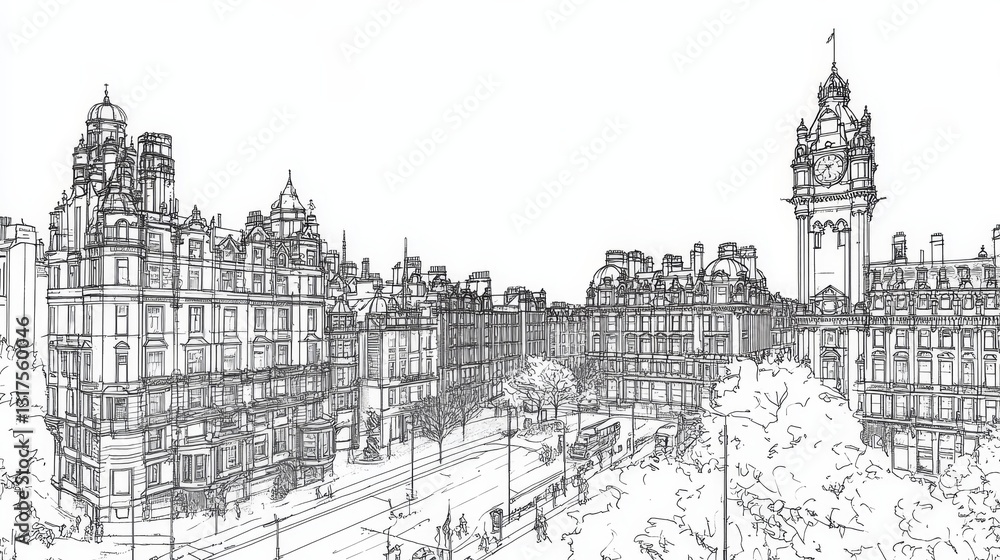 Fototapeta premium Glasgow Cityscape Line Art Coloring Page - Detailed line art coloring page of Glasgow's architectural beauty. Features iconic buildings, streets, and trees. Symbolizing history, architecture