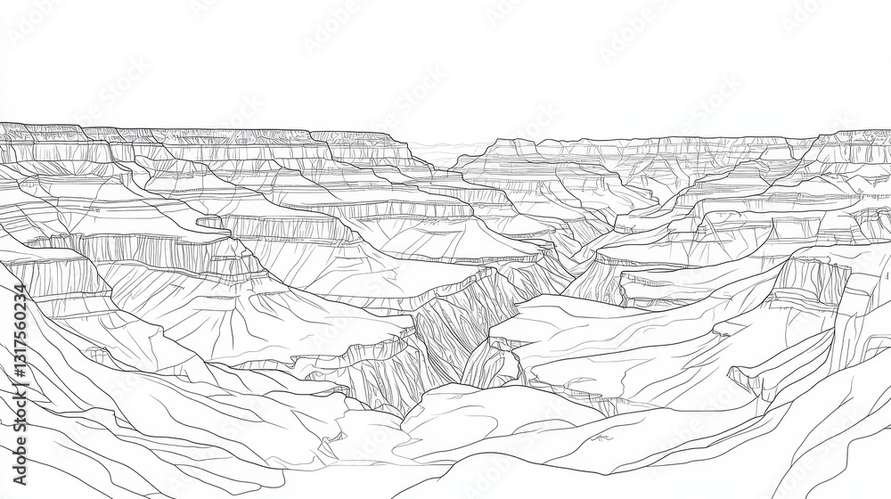 Grand Canyon Line Art Coloring Page - A detailed line art drawing of the Grand Canyon, perfect for coloring. Symbolizing nature, adventure, geology, vastness, and exploration Grand Canyon Line Art Coloring Page - A detailed line art drawing of the Grand Canyon, perfect for coloring. Symbolizing nature, adventure, geology, vastness, and exploration