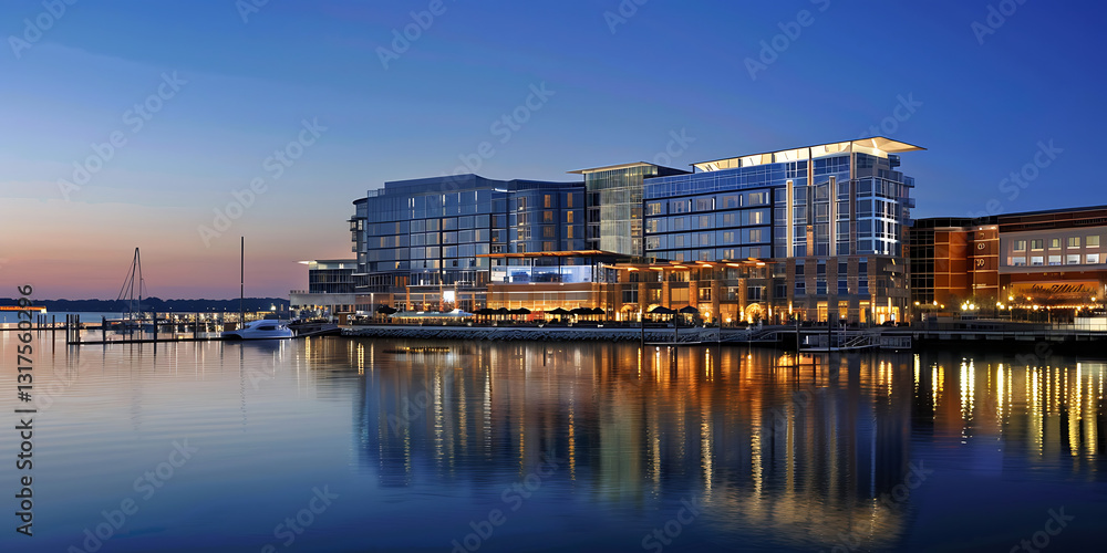 Naklejka premium Luxurious Waterfront Hotel Illuminated at Dusk with Reflections on Calm Waters 
