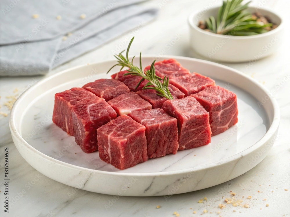 Fresh Raw Beef Cubes on a White Plate with Rosemary, Premium Quality Meat Fresh Raw Beef Cubes on a White Plate with Rosemary, Premium Quality Meat