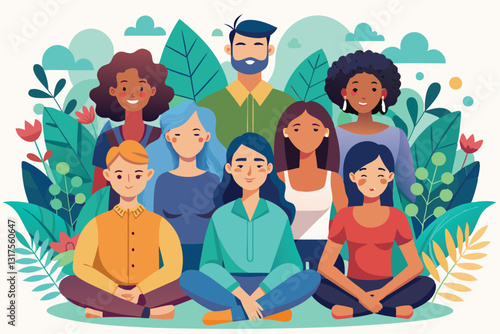 A diverse group of peaceful people relaxes together among vibrant plants and flowers in nature, Set of tranquil people,