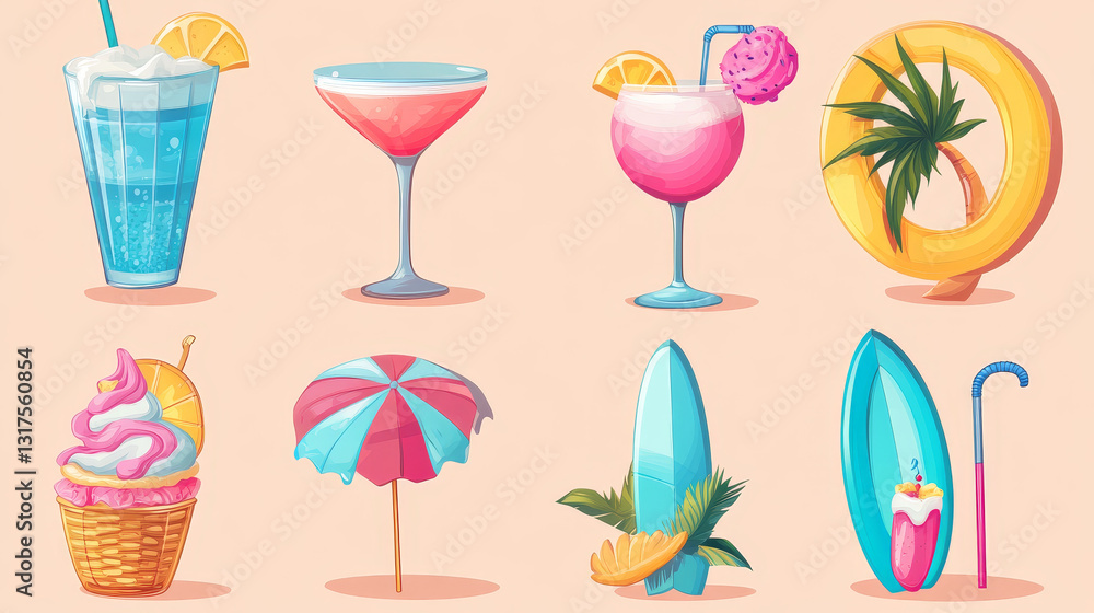 Summer vacation objects in flat style, set of icons isolated on white, vector illustration. Seaside leisure accessories, summertime items surfboard, swimsuit, cocktail, ice cream. Vacation collection Summer vacation objects in flat style, set of icons isolated on white, vector illustration. Seaside leisure accessories, summertime items surfboard, swimsuit, cocktail, ice cream. Vacation collection