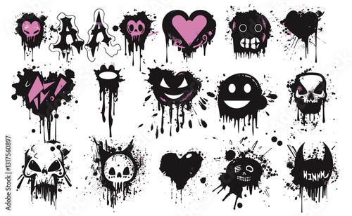 Urban street black grunge, spray graffiti set, brush drip splatter, heart silhouette, ink stroke, hand writing splash, circles, dark clipart, art stencil, graffiti wall, artistic style