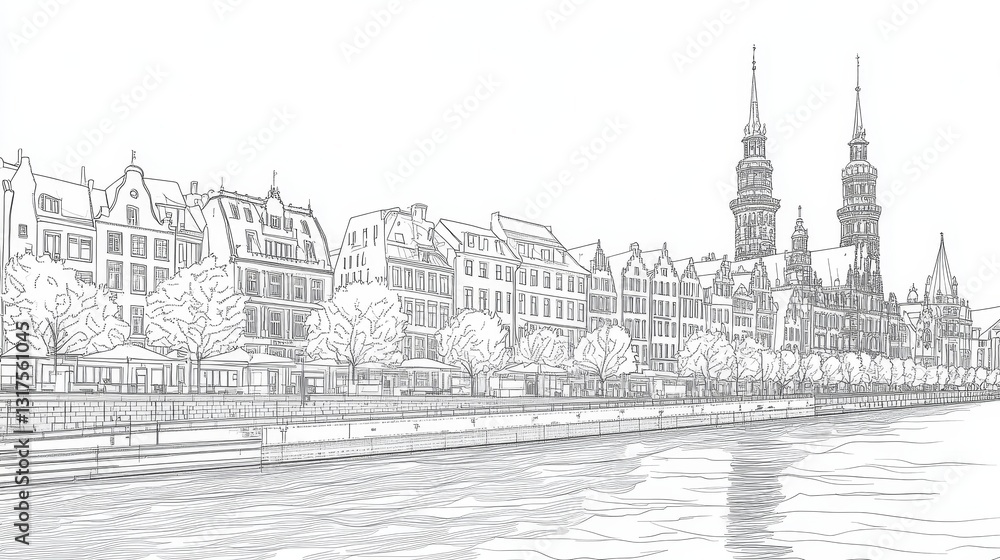 Hamburg Waterfront Line Art Coloring Page - A detailed line art coloring page depicting the Hamburg waterfront, featuring buildings, trees, and a river. Symbolizing cityscape, architecture, travel Hamburg Waterfront Line Art Coloring Page - A detailed line art coloring page depicting the Hamburg waterfront, featuring buildings, trees, and a river. Symbolizing cityscape, architecture, travel