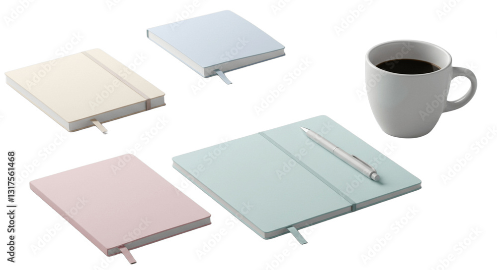 Soft pastel scene with coffee and notebooks Soft pastel scene with coffee and notebooks